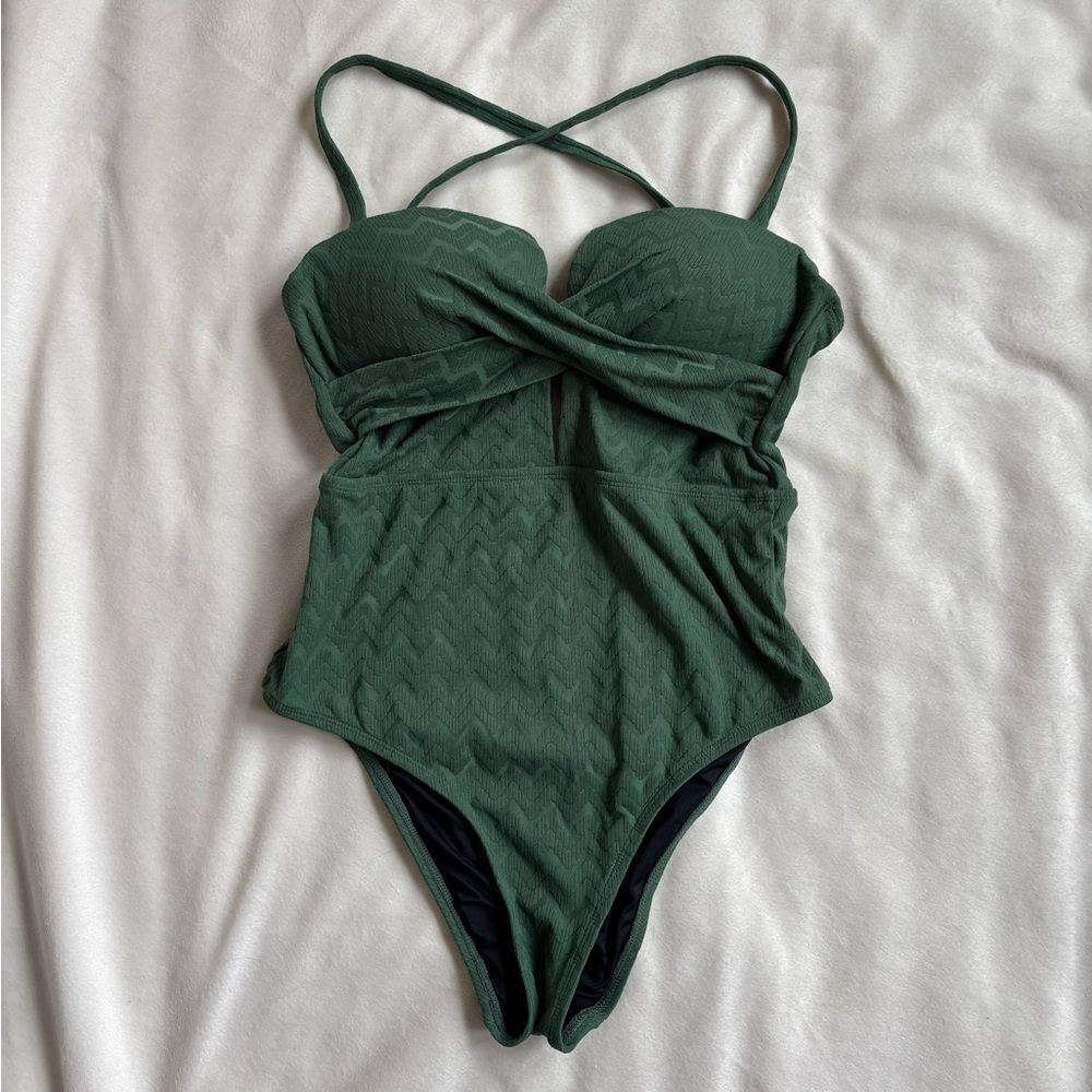 Textured Dark Green Twist-Front One-Piece Swimsuit